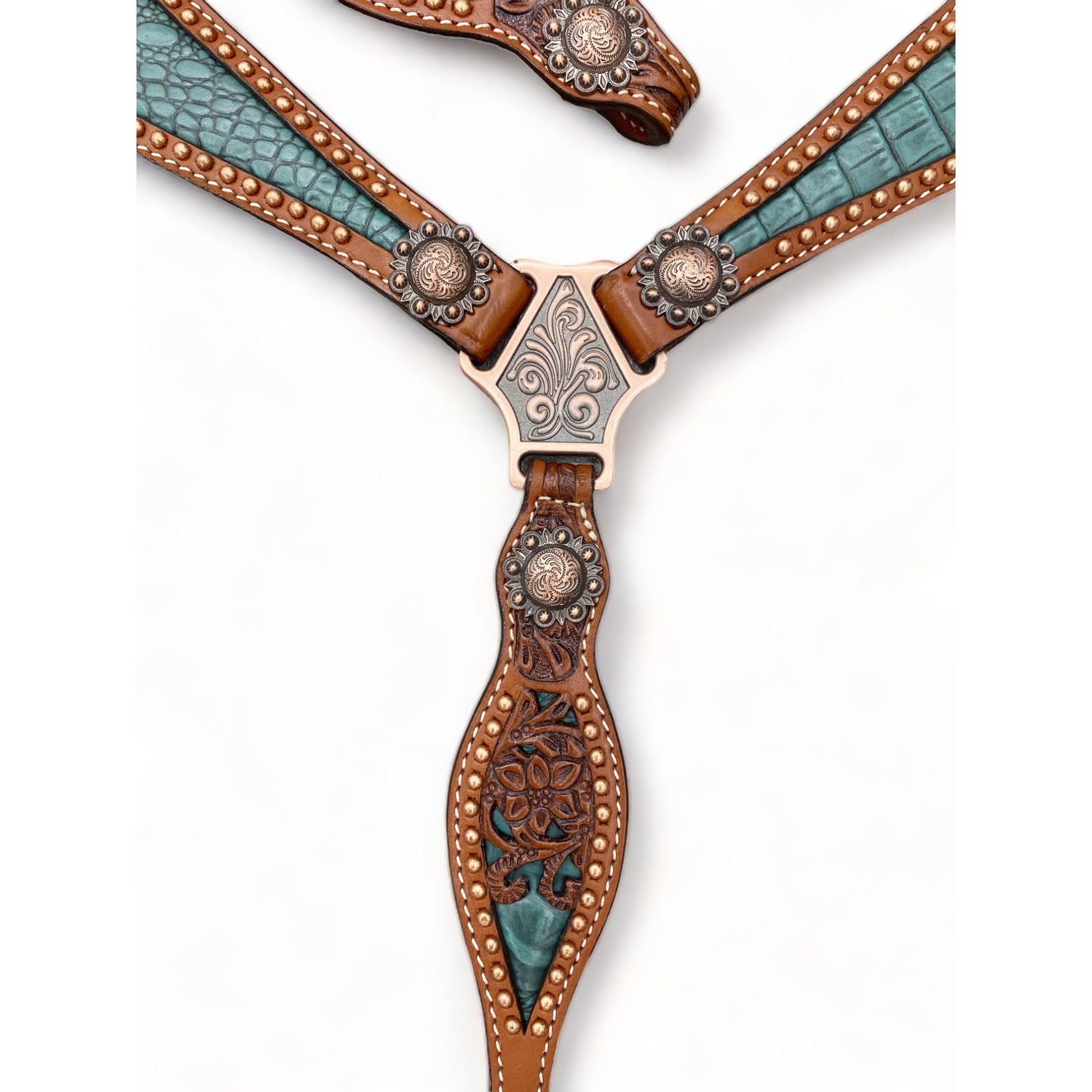 Western Leather Headstall and Breast Collar tack Set for the horse, Western headstall tack copper studs and alligator inlay  MOUSM