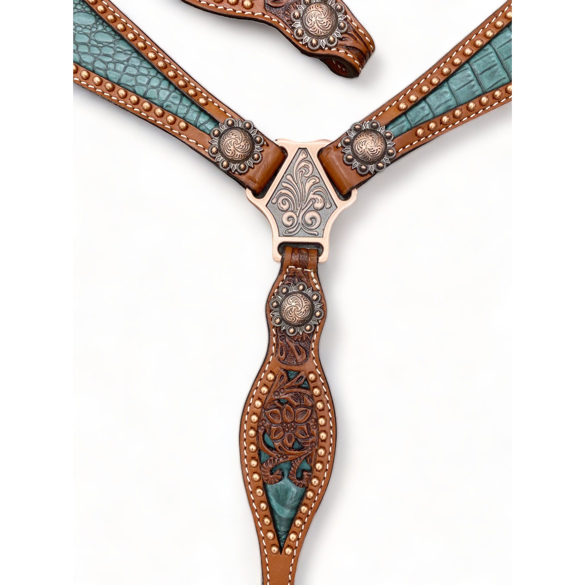 Western Leather Headstall and Breast Collar tack Set for the horse, Western headstall tack copper studs and alligator inlay  MOUSM
