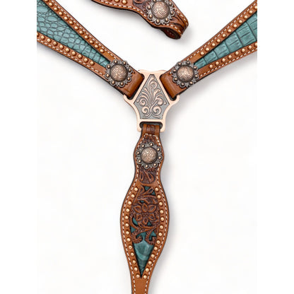 Western Leather Headstall and Breast Collar tack Set for the horse, Western headstall tack copper studs and alligator inlay  MOUSM