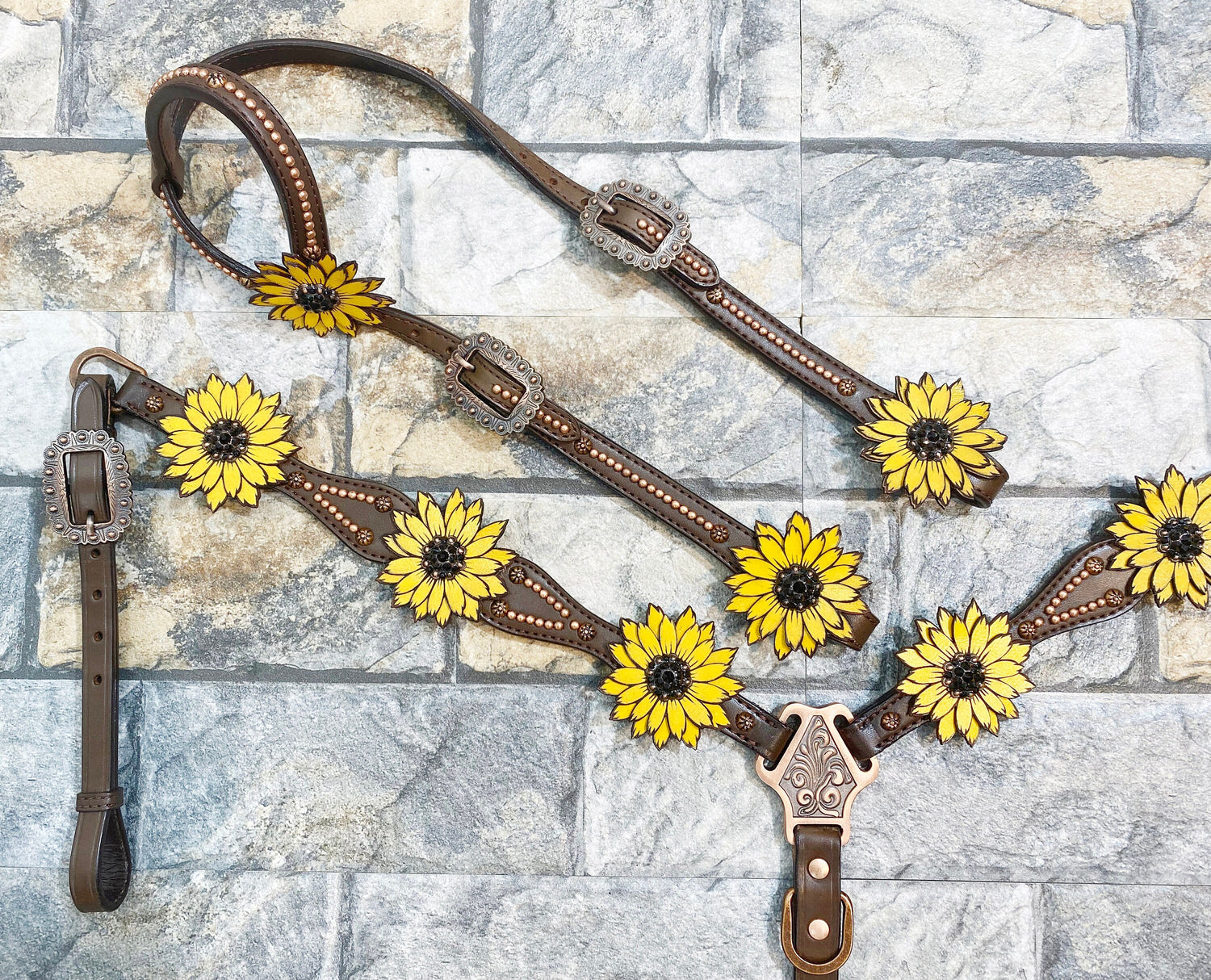 MOUSM Western Headstall &amp; Breast Collar Set – Made with Argentina Cow Leather, Decorated with Copper Studs, Hand-Painted Laser Cut Sunflower &amp; Black Rhinestone Conchos