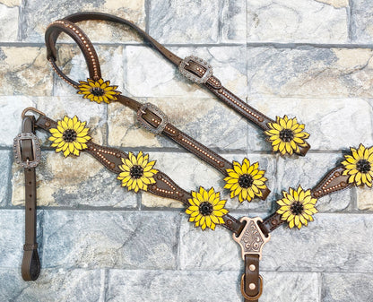 MOUSM Western Headstall &amp; Breast Collar Set – Made with Argentina Cow Leather, Decorated with Copper Studs, Hand-Painted Laser Cut Sunflower &amp; Black Rhinestone Conchos