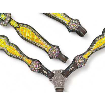 Leather Headstall and Breast Collar tack Set for the horse, Western headstall tack decorated with yellow holographic metalling carving MOUSM