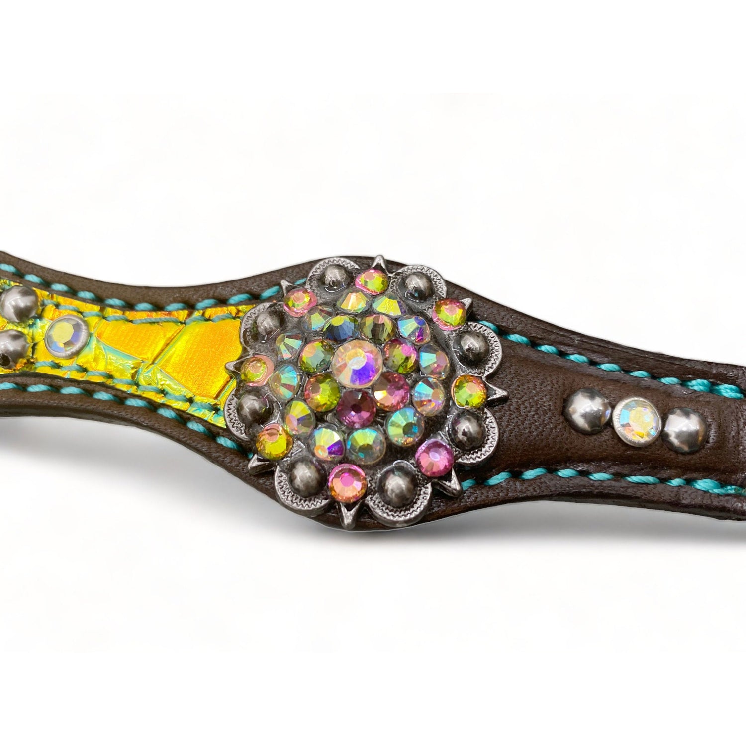 Leather Headstall and Breast Collar tack Set for the horse, Western headstall tack decorated with yellow holographic metalling carving MOUSM