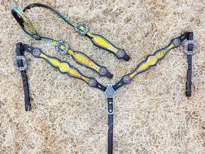 Leather Headstall and Breast Collar tack Set for the horse, Western headstall tack decorated with yellow holographic metalling carving MOUSM