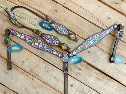 Valentine Day Western Leather Headstall and Breast Collar tack Set for the horse, Western headstall printed celebration inlay,love coaches