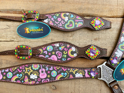 Valentine Day Western Leather Headstall and Breast Collar tack Set for the horse, Western headstall printed celebration inlay,love coaches