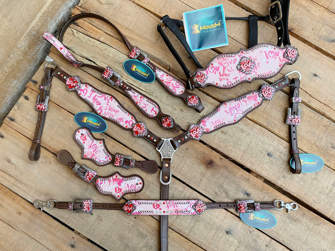 MOUSM Valentine’s Edition Western Headstall and Breast Collar Tack Collection – Western Bridle and Headstall Set Decorated with "I Love You" Inlay &amp; Love Conchos