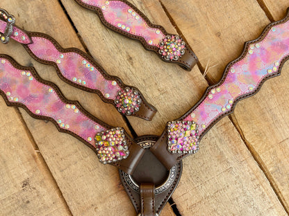 MOUSM Valentine’s Special Western Headstall &amp; Breast Collar Set – Printed &quot;I Love You&quot; Inlay &amp; Love Conchos