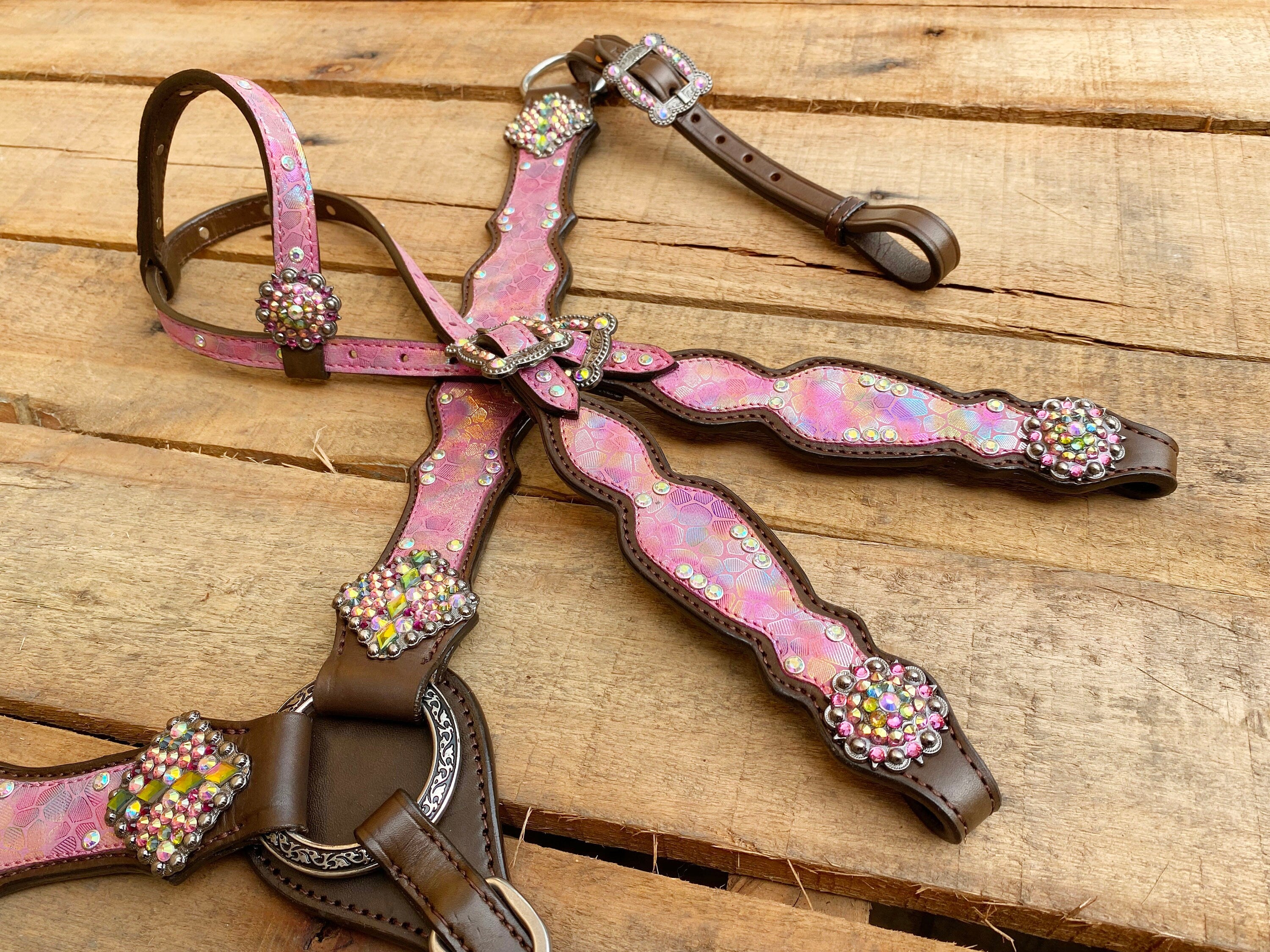 MOUSM Valentine’s Special Western Headstall &amp; Breast Collar Set – Printed &quot;I Love You&quot; Inlay &amp; Love Conchos