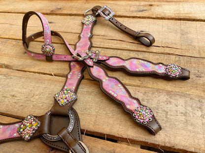 MOUSM Valentine’s Special Western Headstall &amp; Breast Collar Set – Printed &quot;I Love You&quot; Inlay &amp; Love Conchos