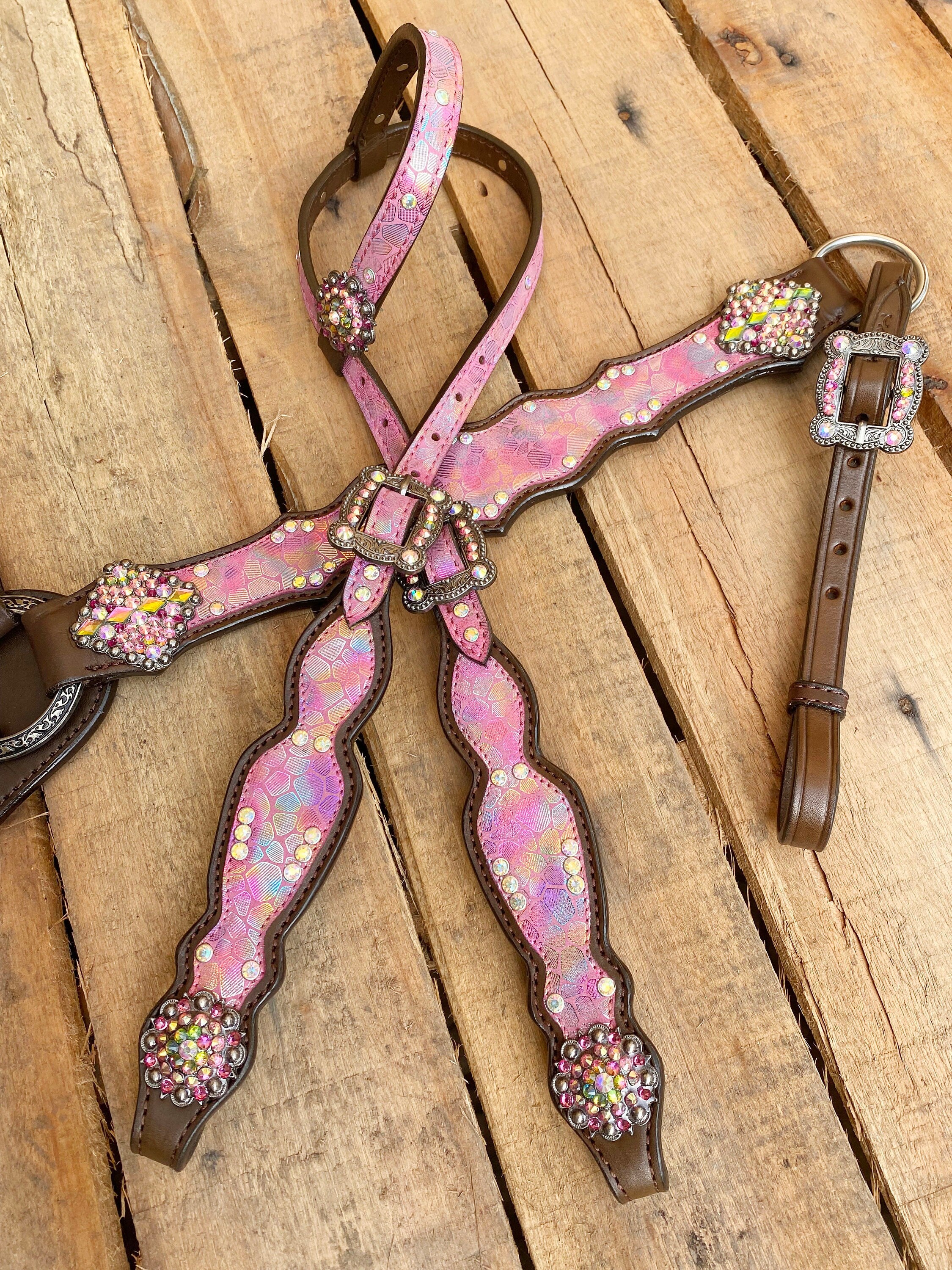 MOUSM Valentine’s Special Western Headstall &amp; Breast Collar Set – Printed &quot;I Love You&quot; Inlay &amp; Love Conchos
