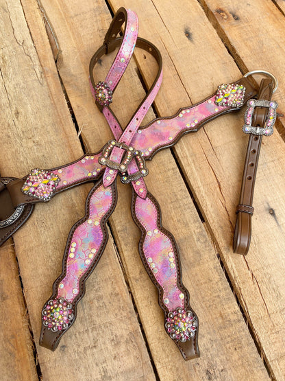 MOUSM Valentine’s Special Western Headstall &amp; Breast Collar Set – Printed &quot;I Love You&quot; Inlay &amp; Love Conchos