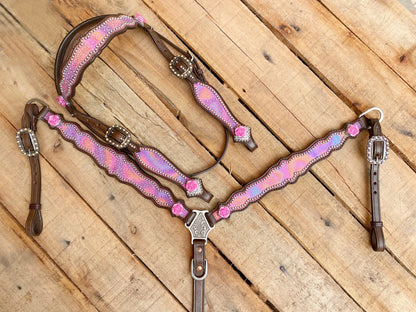 MOUSM Valentine’s Special Western Leather Browband Headstall &amp; Breast Collar Set – Pink Stone Inlay with Rose Conchos