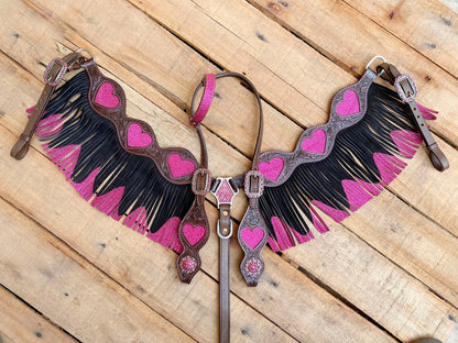 MOUSM Valentine’s Special Western Leather Headstall and Breast Collar Set – Decorated with Heart Cutouts, Pink Glitter Inlay &amp; Dual-Color Fringe