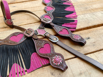 MOUSM Valentine’s Special Western Leather Headstall and Breast Collar Set – Decorated with Heart Cutouts, Pink Glitter Inlay &amp; Dual-Color Fringe