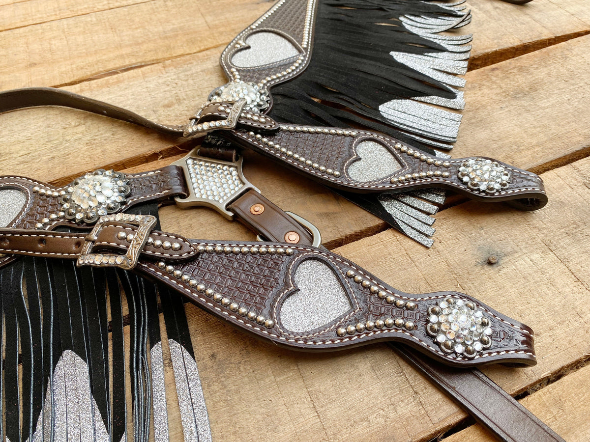 Silver Glittered Heart Cutouts with Fringe Headstall Tack Set