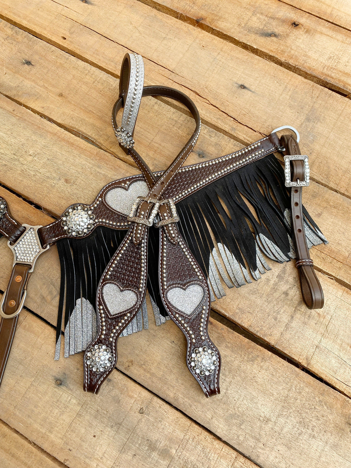 Silver Glittered Heart Cutouts with Fringe Headstall Tack Set