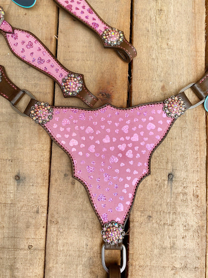 Valentine Day Western Leather Headstall teck set Breast Collar tack Set for the horse, Western headstall printed pink heart patch with Rhine