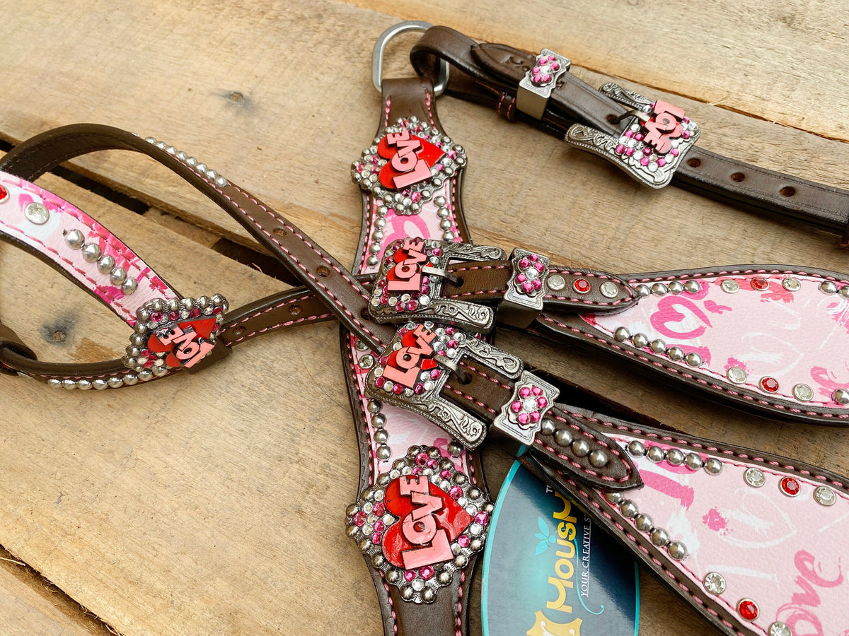 "I Love You" Heart Patch with Silver Studs Headstall Tack Set