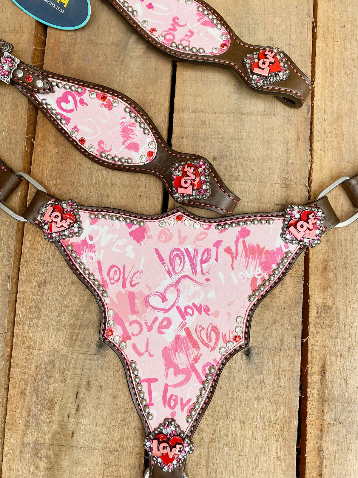 "I Love You" Heart Patch with Silver Studs Headstall Tack Set