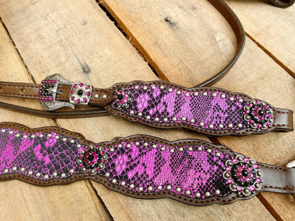 Valentine Day Western Leather Headstall and Breast Collar tack Set for the horse, Western headstall  print pink alligator inlay with stone