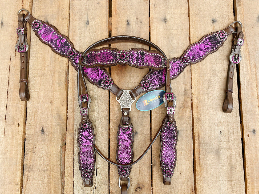 MOUSM Valentine Day Western Leather Browband Headstall and Breast Collar Set – Decorated with Pink Alligator Inlay with Rhinestones and Matching Conchos