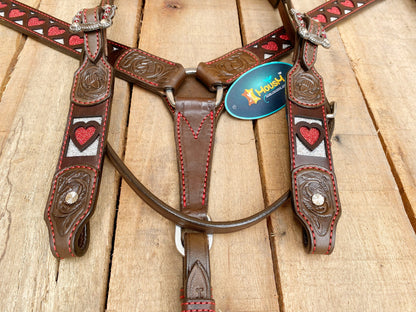MOUSM Valentine Day Western Leather Headstall and Breast Collar Set – Red Heart Shapes with Engraved Ends with Rhinestones