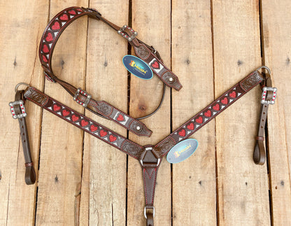 MOUSM Valentine Day Western Leather Headstall and Breast Collar Set – Red Heart Shapes with Engraved Ends with Rhinestones