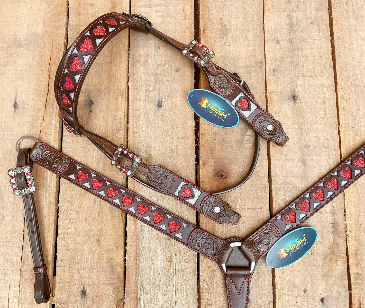 MOUSM Valentine Day Western Leather Headstall and Breast Collar Set – Red Heart Shapes with Engraved Ends with Rhinestones
