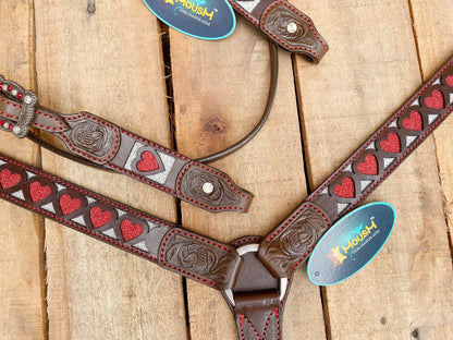 MOUSM Valentine Day Western Leather Headstall and Breast Collar Set – Red Heart Shapes with Engraved Ends with Rhinestones