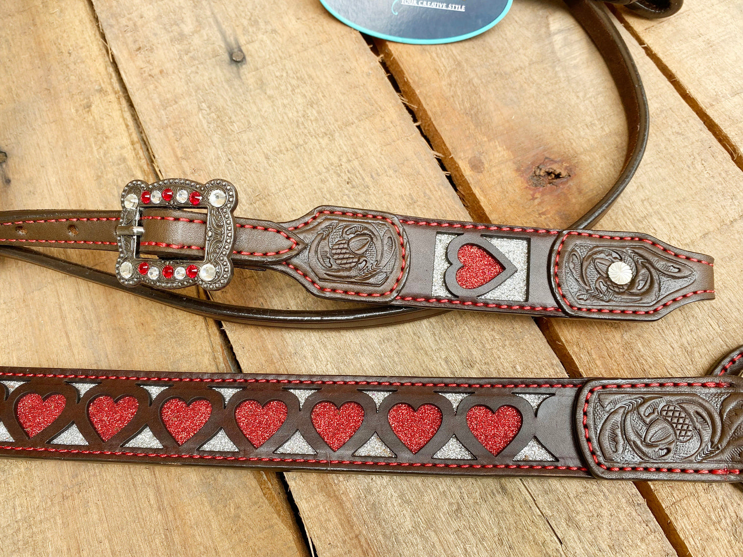 MOUSM Valentine Day Western Leather Headstall and Breast Collar Set – Red Heart Shapes with Engraved Ends with Rhinestones