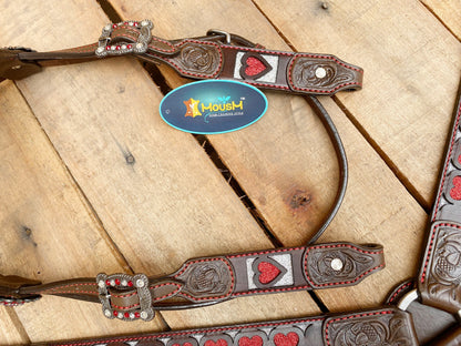 MOUSM Valentine Day Western Leather Headstall and Breast Collar Set – Red Heart Shapes with Engraved Ends with Rhinestones
