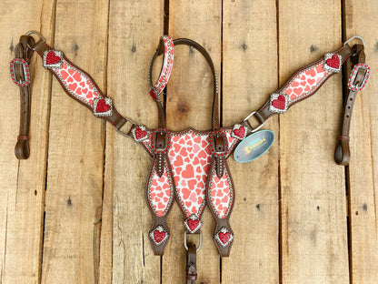 Valentine Day Western Leather Headstall and Breast Collar tack Set for the horse, Western headstall printed pink heart patch heart  MOUSM