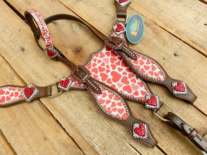 Valentine Day Western Leather Headstall and Breast Collar tack Set for the horse, Western headstall printed pink heart patch heart  MOUSM