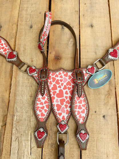 Valentine Day Western Leather Headstall and Breast Collar tack Set for the horse, Western headstall printed pink heart patch heart  MOUSM