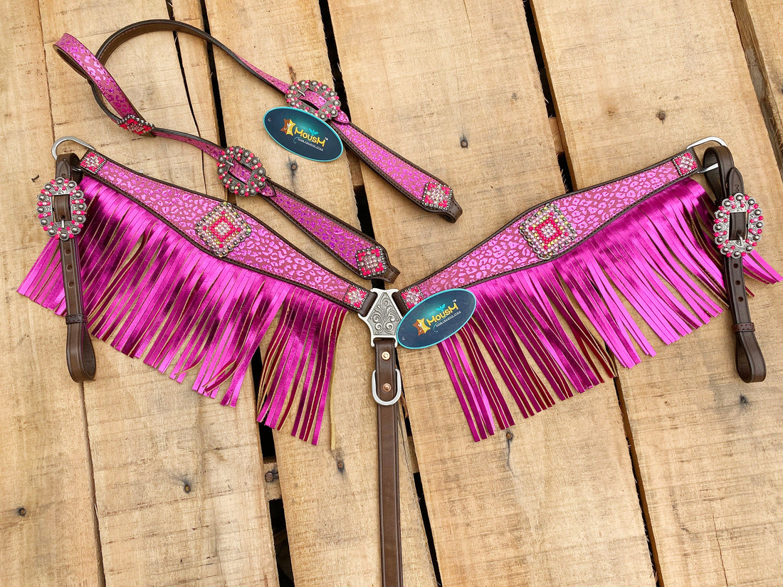MOUSM Valentine Day Western Argentina Cow Leather Headstall and Breast Collar Set - Decorated with Pink Leopard Print with Red Rhinestones &amp; Fringe
