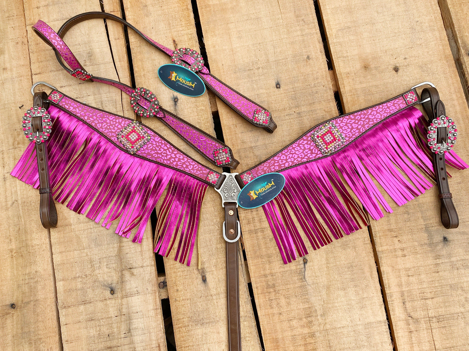 MOUSM Valentine Day Western Argentina Cow Leather Headstall and Breast Collar Set - Decorated with Pink Leopard Print with Red Rhinestones &amp; Fringe