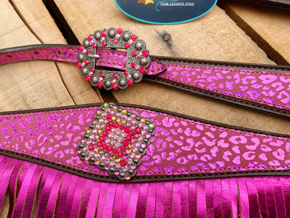 MOUSM Valentine Day Western Argentina Cow Leather Headstall and Breast Collar Set - Decorated with Pink Leopard Print with Red Rhinestones &amp; Fringe