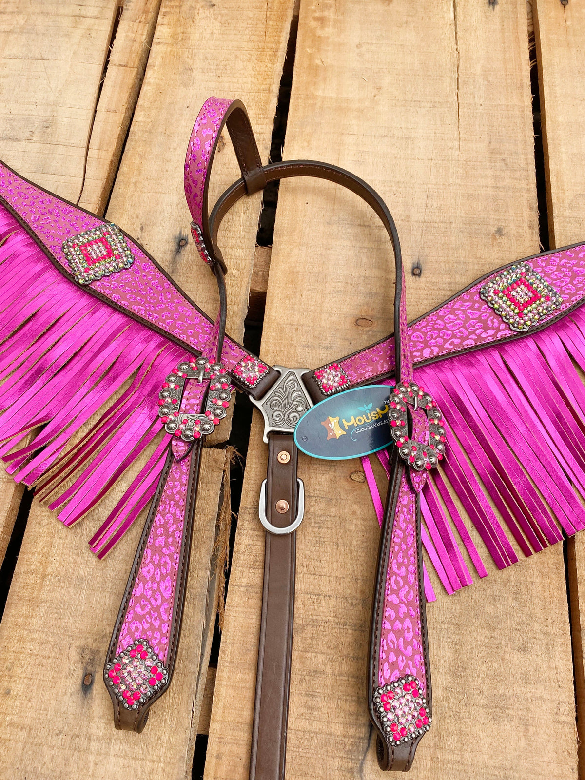Pink Leopard Print and Fringe Headstall &amp; Breast Collar Tack Set