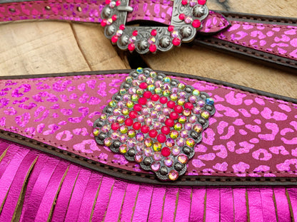MOUSM Valentine Day Western Argentina Cow Leather Headstall and Breast Collar Set - Decorated with Pink Leopard Print with Red Rhinestones &amp; Fringe