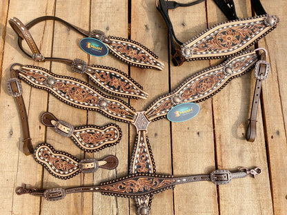 Western Leather Headstall and Breast Collar tack Set for the horse, Western headstall tooled flower and around bids and concho MOUSM