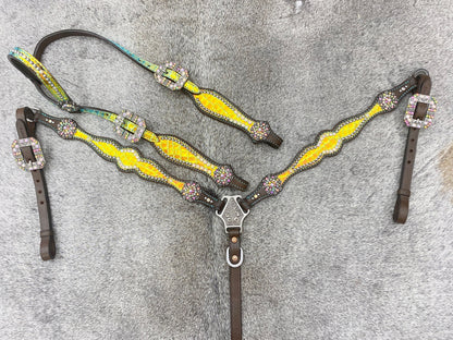 MOUSM Western Horse Bridle &amp; Breast Collar Tack Set – Argentina Cow Leather Western Headstall Tack Decorated with Yellow &amp; Green Holographic Metallic Carving