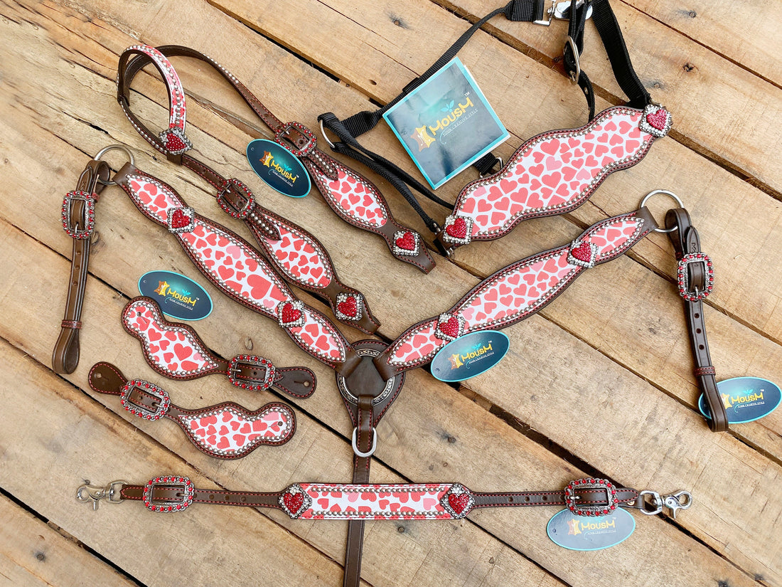 MOUSM Valentine Day Western Headstall and Breast Collar tack Collection – Western Bridles and Headstalls Decorated with Copper Studs &amp; Printed Heart Inlay