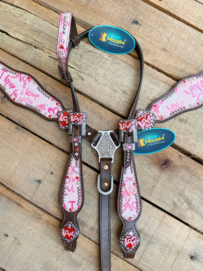 MOUSM Valentine’s Edition Western Headstall and Breast Collar Tack Collection – Western Bridle and Headstall Set Decorated with &quot;I Love You&quot; Inlay &amp; Love Conchos