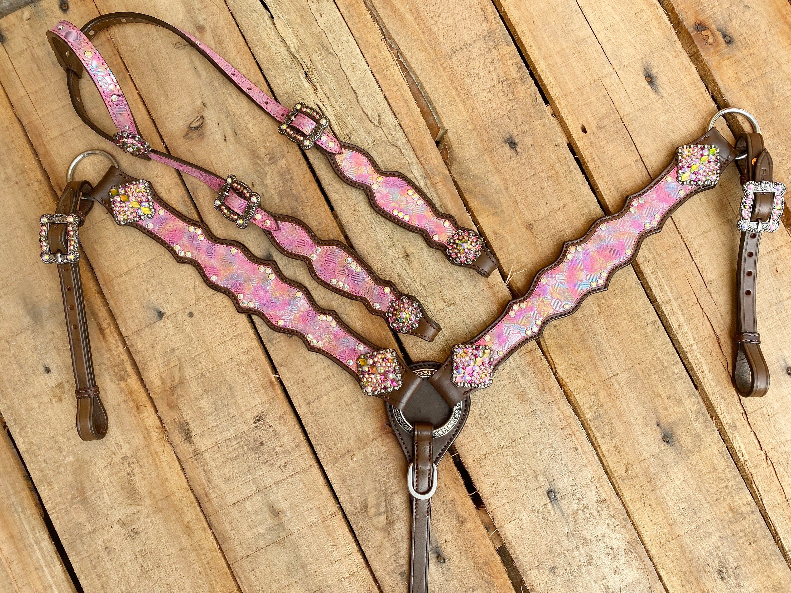 MOUSM Valentine’s Special Western Headstall &amp; Breast Collar Set – Printed &quot;I Love You&quot; Inlay &amp; Love Conchos