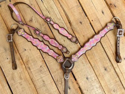 MOUSM Valentine’s Special Western Headstall &amp; Breast Collar Set – Printed &quot;I Love You&quot; Inlay &amp; Love Conchos