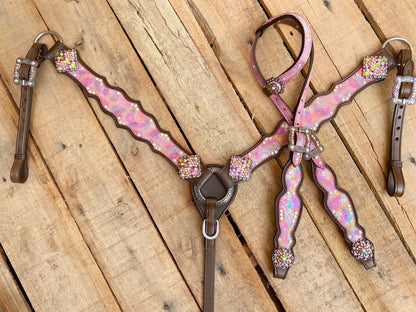 MOUSM Valentine’s Special Western Headstall &amp; Breast Collar Set – Printed &quot;I Love You&quot; Inlay &amp; Love Conchos