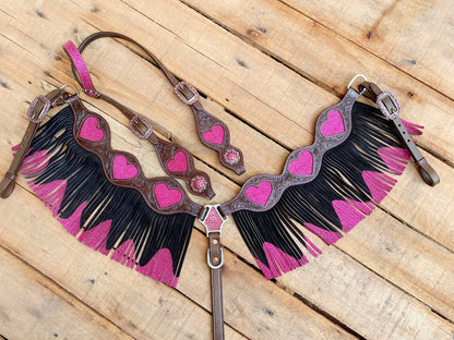 MOUSM Valentine’s Special Western Leather Headstall and Breast Collar Set – Decorated with Heart Cutouts, Pink Glitter Inlay &amp; Dual-Color Fringe