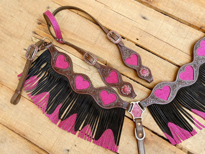 MOUSM Valentine’s Special Western Leather Headstall and Breast Collar Set – Decorated with Heart Cutouts, Pink Glitter Inlay &amp; Dual-Color Fringe