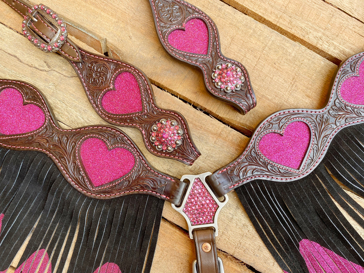 Pink Heart Cutouts &amp; Fringe Headstall Tack Set